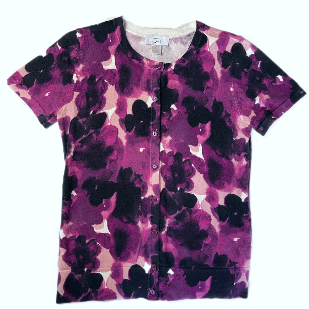 Ann Taylor Loft Purple Button Up Floral Sweater